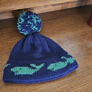 Vtg 1970's Children's Wool Hat. Navy Blue Beanie with Green Whale Design